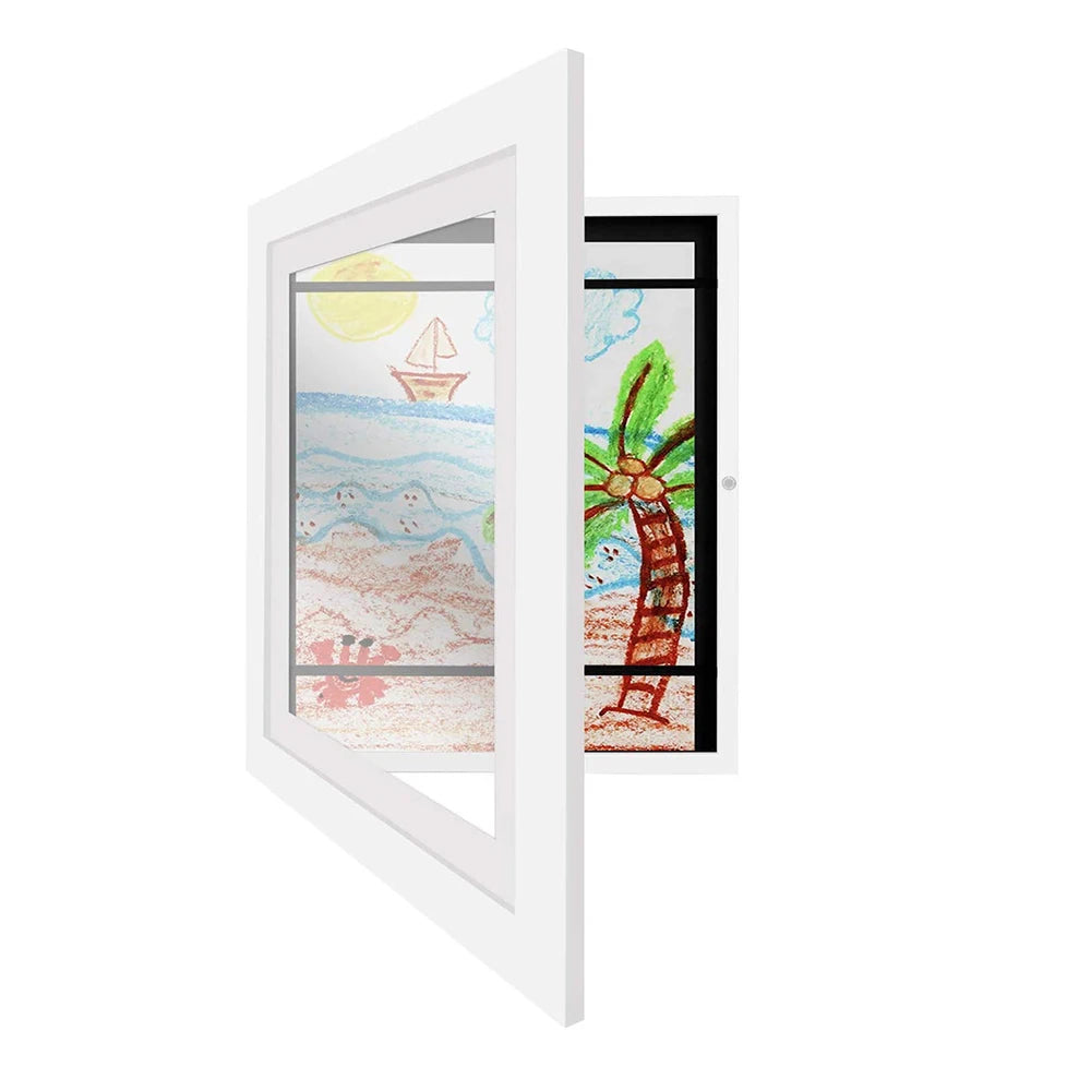 A white magnetic front photo display frame with a glass panel showing a tropical scene.