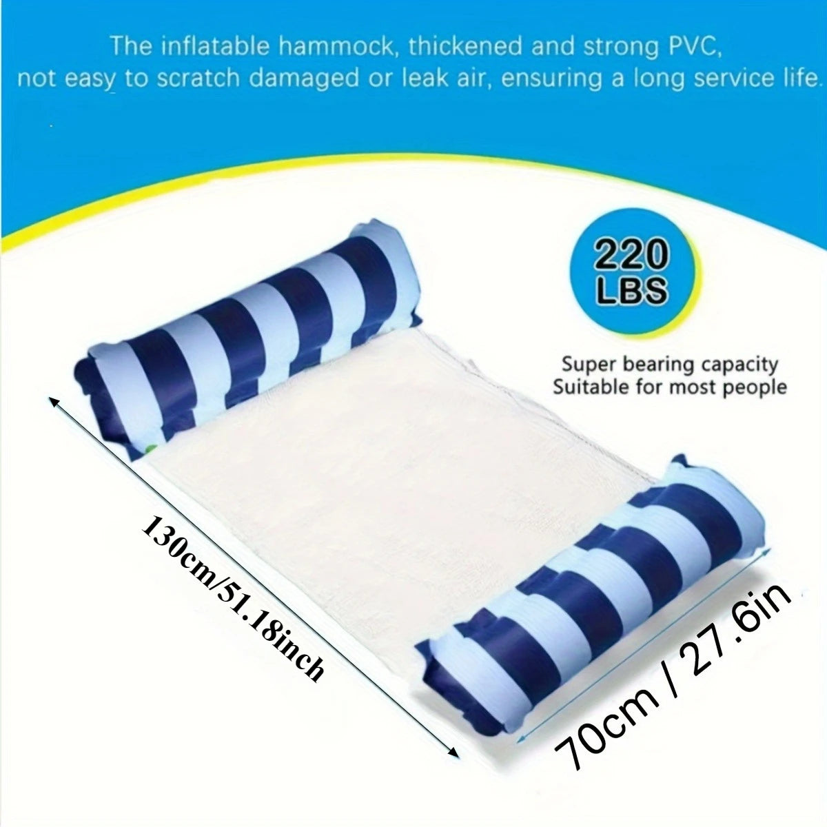 A white inflatable hammock with blue stripes is shown, demonstrating its size and durability.