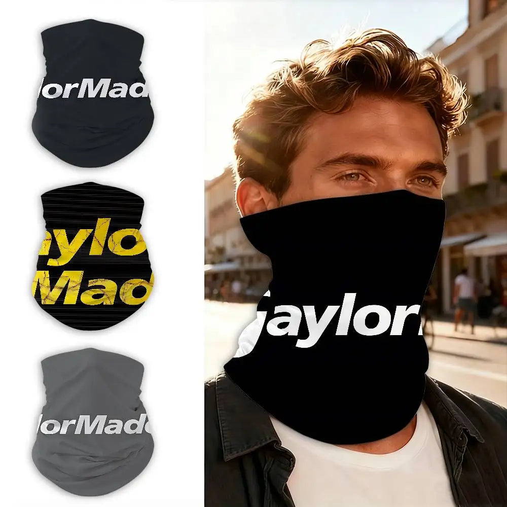 A man wearing a black neck gaiter with yellow text on his face, suitable for outdoor sports.