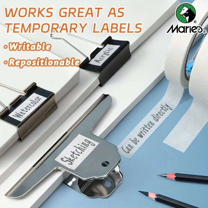 A set of temporary acrylic labels and masking tape for writing on paper, including a watercolor label and a sketching tool.