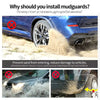Demonstration of mud guards preventing sand and debris from entering a vehicle's undercarriage.