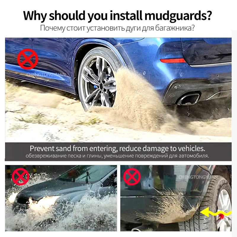 Demonstration of mud guards preventing sand and debris from entering a vehicle's undercarriage.
