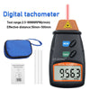 A black digital tachometer device is shown with a screen displaying 956.3 m/min RPM, next to a blue carrying pouch and instru