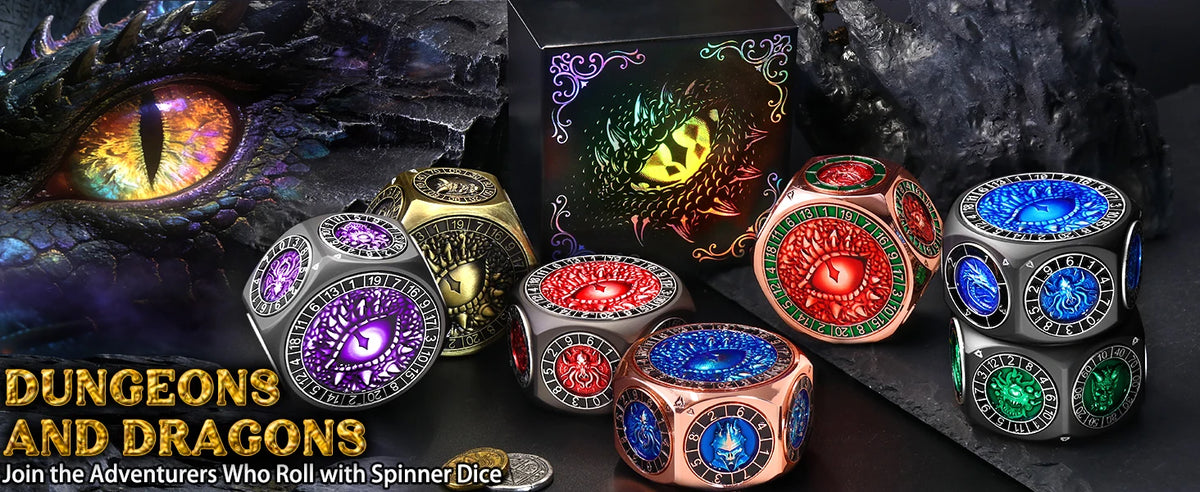 A collection of nine colorful spinner dice and a dual D20 are displayed against a dark background for Dungeons and Dragons ga