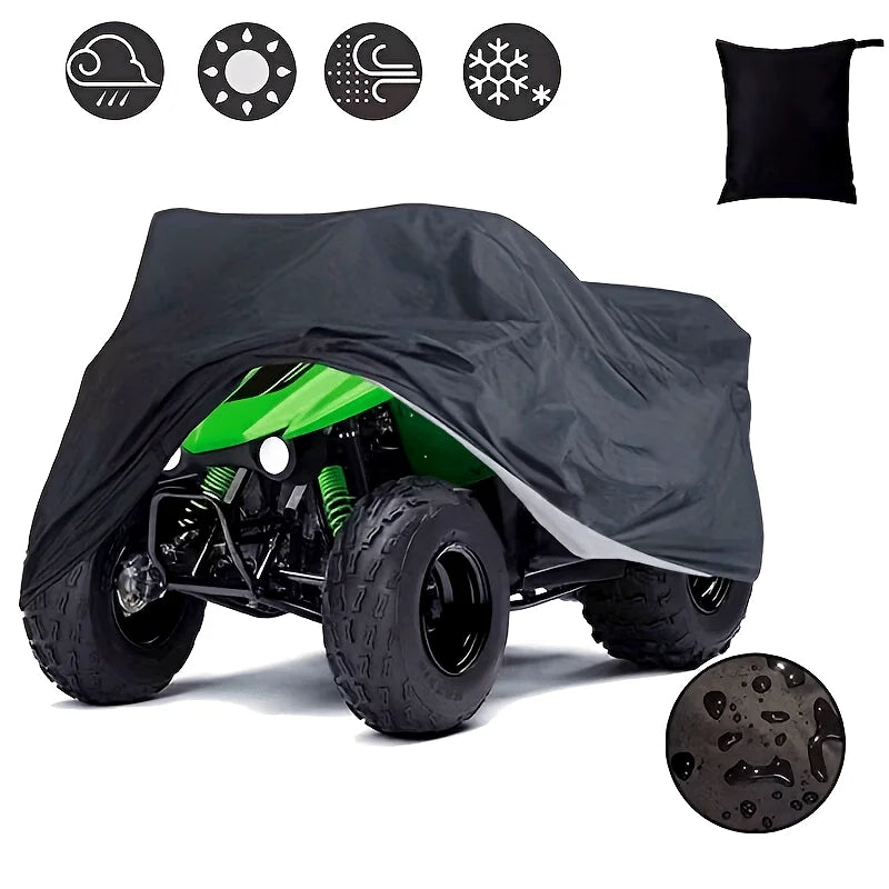Black heavy-duty cover for an ATV, shown with various weather protection icons.