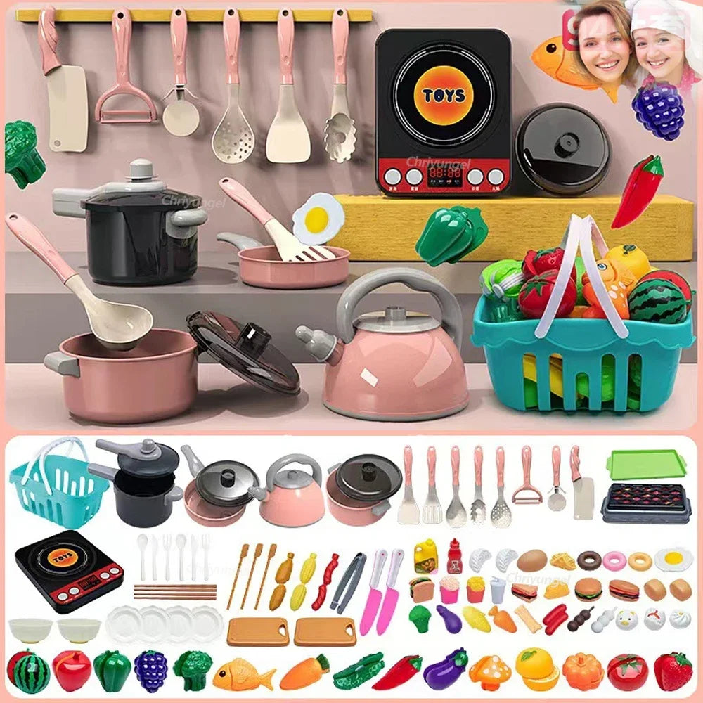 A colorful kids pretend play kitchen set featuring pots, pans, and various food items for cooking play.