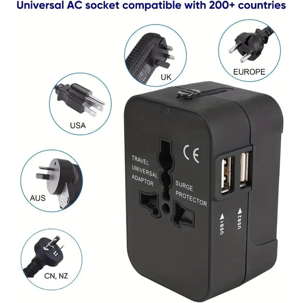 Universal Multi-Voltage Travel Adapter with Dual USB Ports