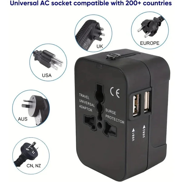 محول طاقة عالمي أسود بمقابس متعددة للسفر ومنافذ USB مزدوجة.