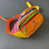 An orange and yellow unisex water-resistant crossbody chest bag with adjustable straps.