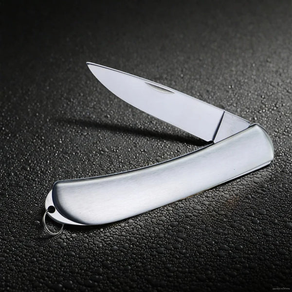 A silver compact stainless steel folding utility knife with a polished blade and handle resting on a dark surface.