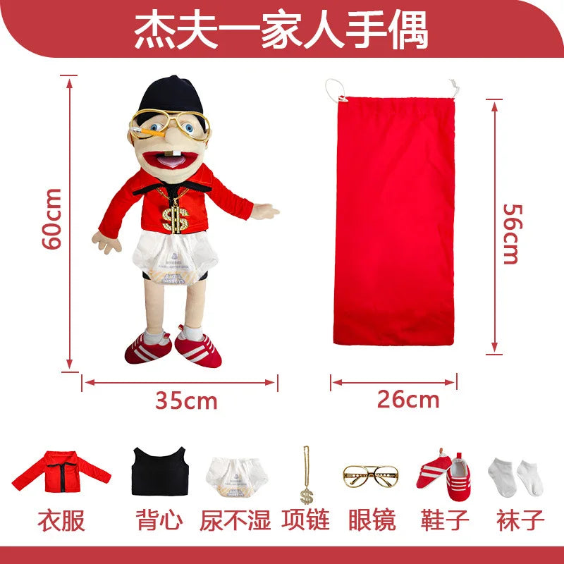 A red hand puppet of a zombie boy with yellow glasses and a black hat, shown next to its measuring tape.