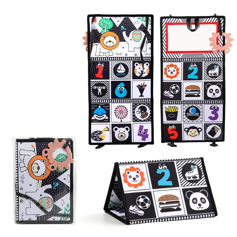 A set of high-contrast crinkle cloth books with tummy time mirrors featuring various animals and objects for babies.