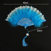 A bright blue lace folding hand fan with a feathered edge and a decorative handle.