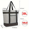 A large gray and black insulated cooler bag with handles, measuring 14.5 inches wide and 9.5 inches deep.