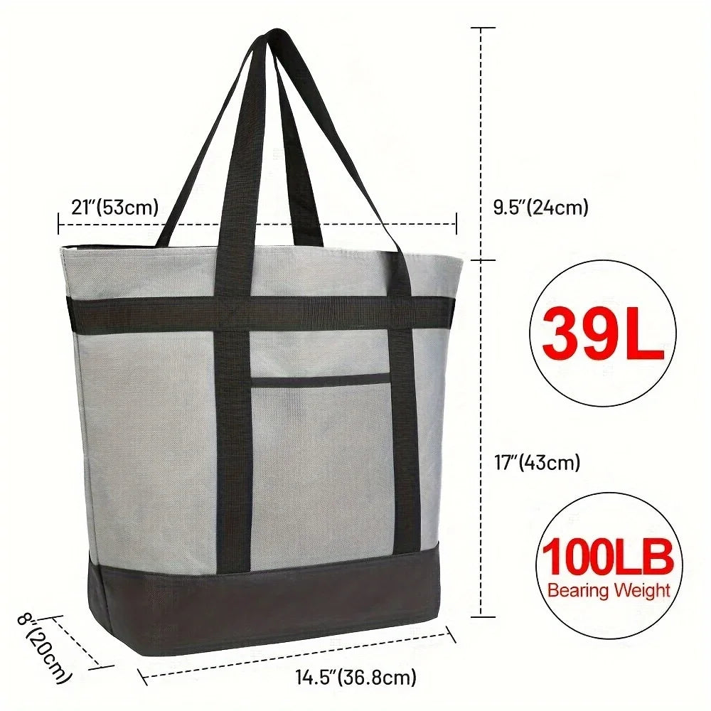 A large gray and black insulated cooler bag with handles, measuring 14.5 inches wide and 9.5 inches deep.