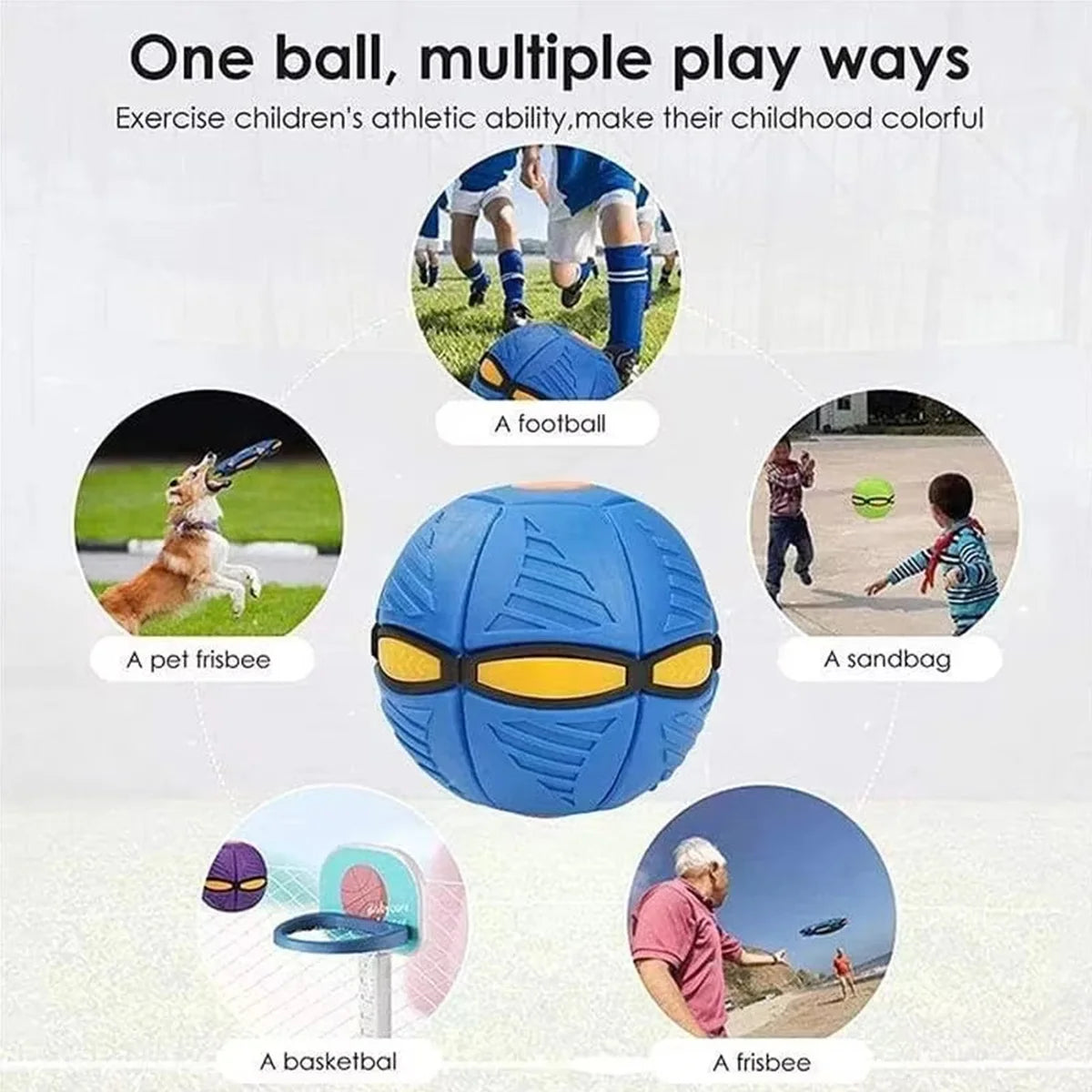 A blue bouncing ball used for various play ways including football, sandbox, basketball, and frisbee.