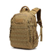 A tan tactical backpack with a leather handle and MOLLE webbing system.