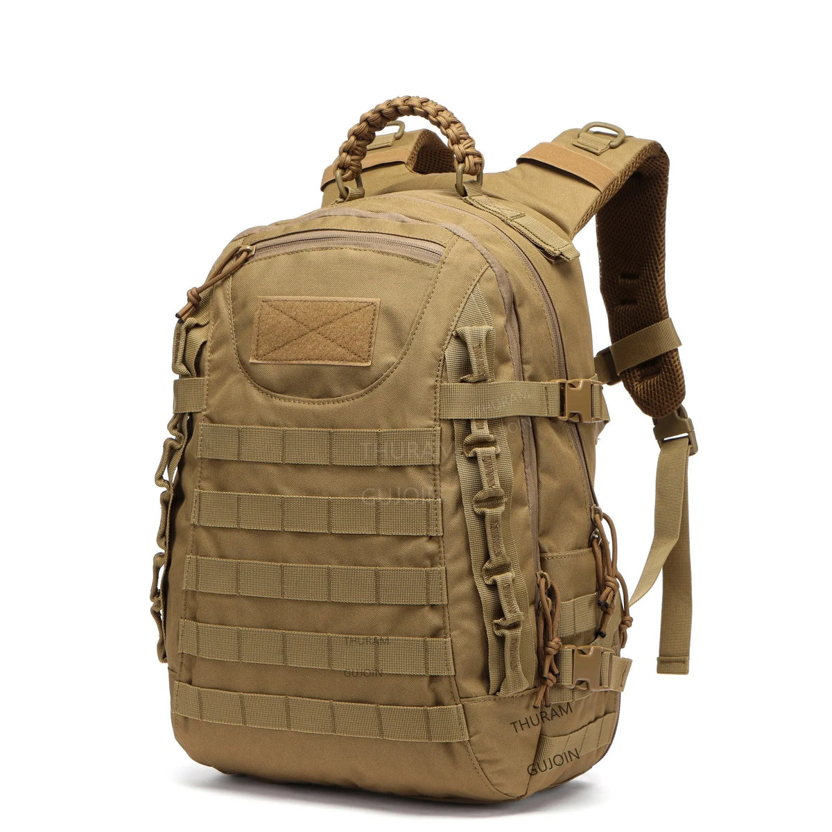 A tan tactical backpack with a leather handle and MOLLE webbing system.