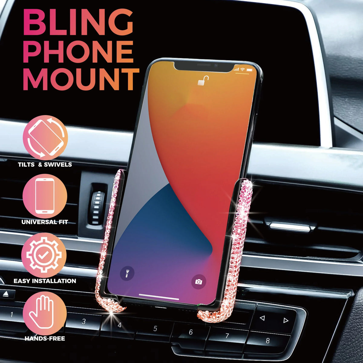 A pink crystal air vent car phone mount is shown installed in a car's interior dashboard.