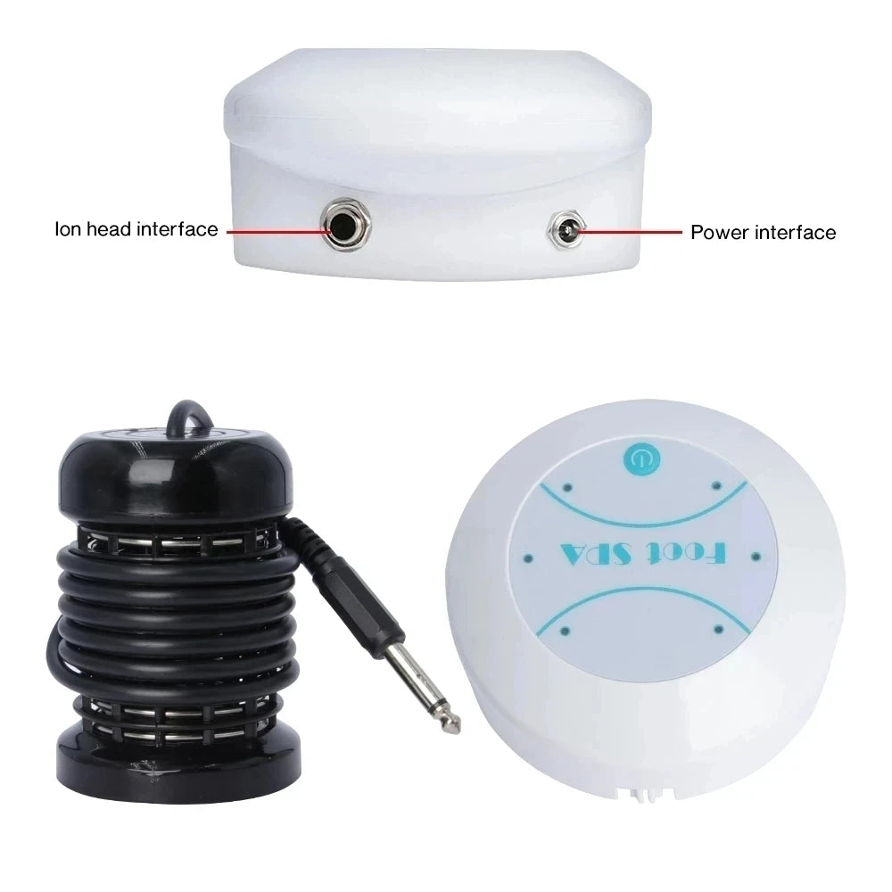 A white ionic detox foot spa bath with a black massage head and power interface.