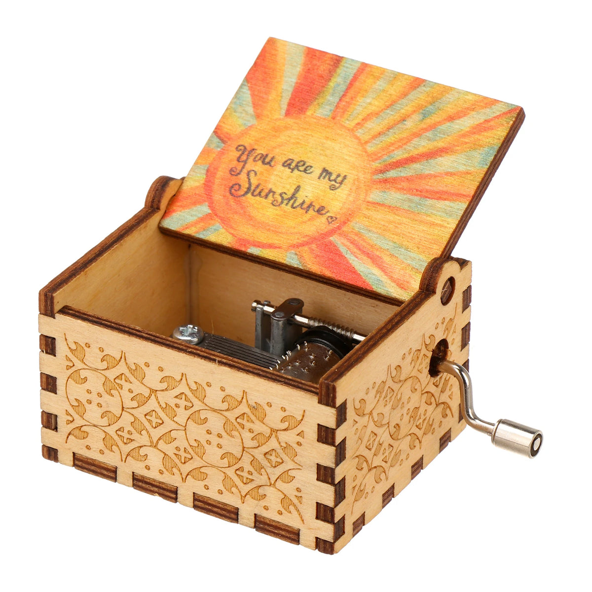 A vintage hand-cranked wooden music box with an orange sun design on the lid.