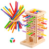 A wooden pick-up sticks game featuring colorful wooden sticks and a corresponding board.