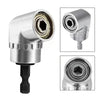 Silver drill attachment featuring a magnetic hex socket and a drill bit holder for angled drilling.