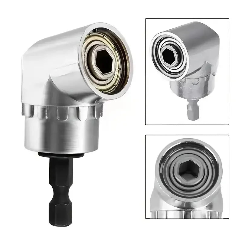 Silver drill attachment featuring a magnetic hex socket and a drill bit holder for angled drilling.