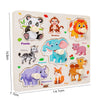 Wooden 3D jigsaw puzzle featuring various animals like panda, lion, monkey, elephant, and zebra.
