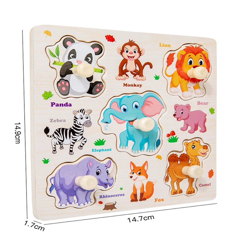 Wooden 3D jigsaw puzzle featuring various animals like panda, lion, monkey, elephant, and zebra.