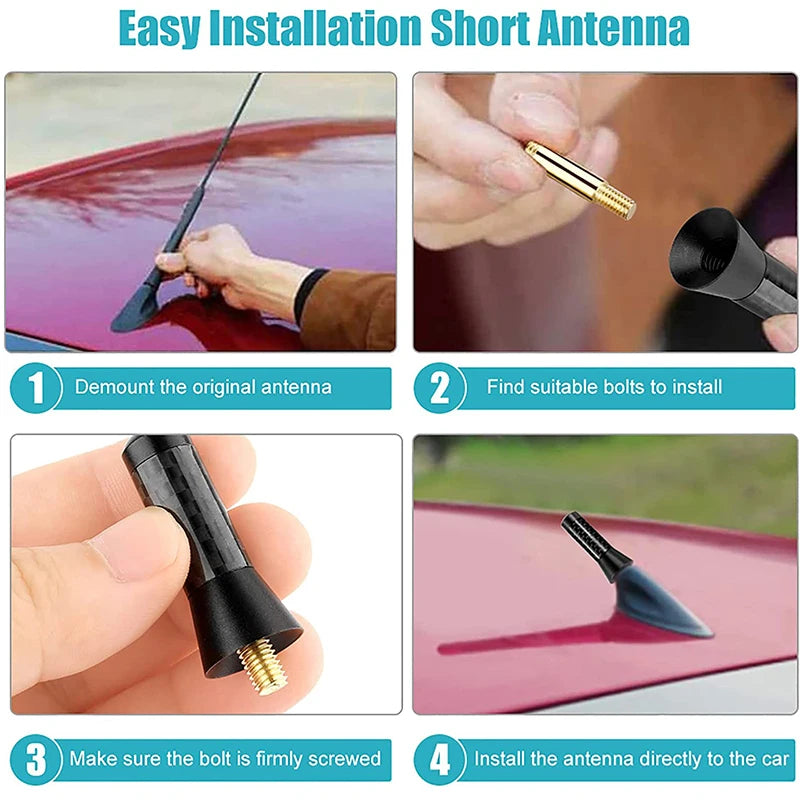 Step-by-step guide showing how to easily install a short antenna on a car using bolts and a tool.