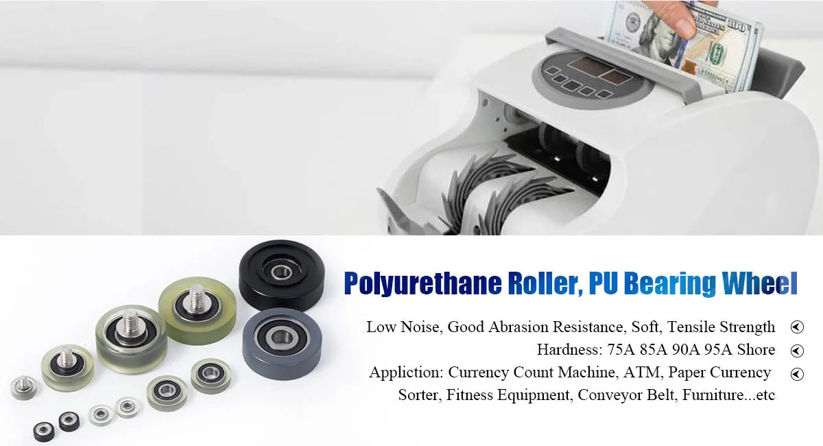 A white polyurethane roller with a fingerboard wheel is shown next to currency bills.