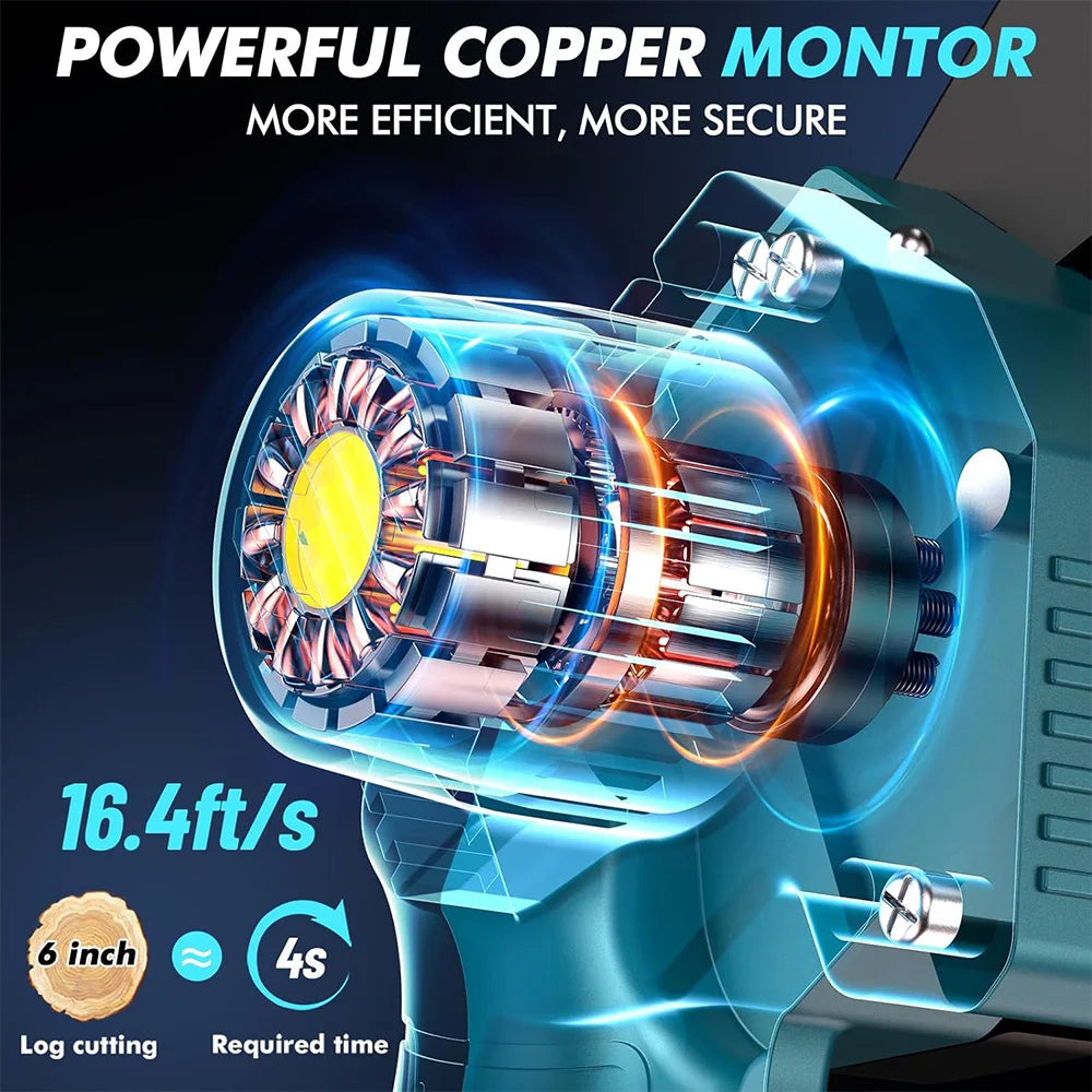 A close-up view of a powerful copper motor on a cordless mini chainsaw, highlighting its efficiency and security features.