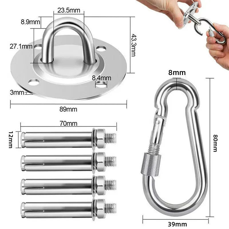 A set of heavy-duty stainless steel ceiling mount hanging kits with various sizes and a hook.