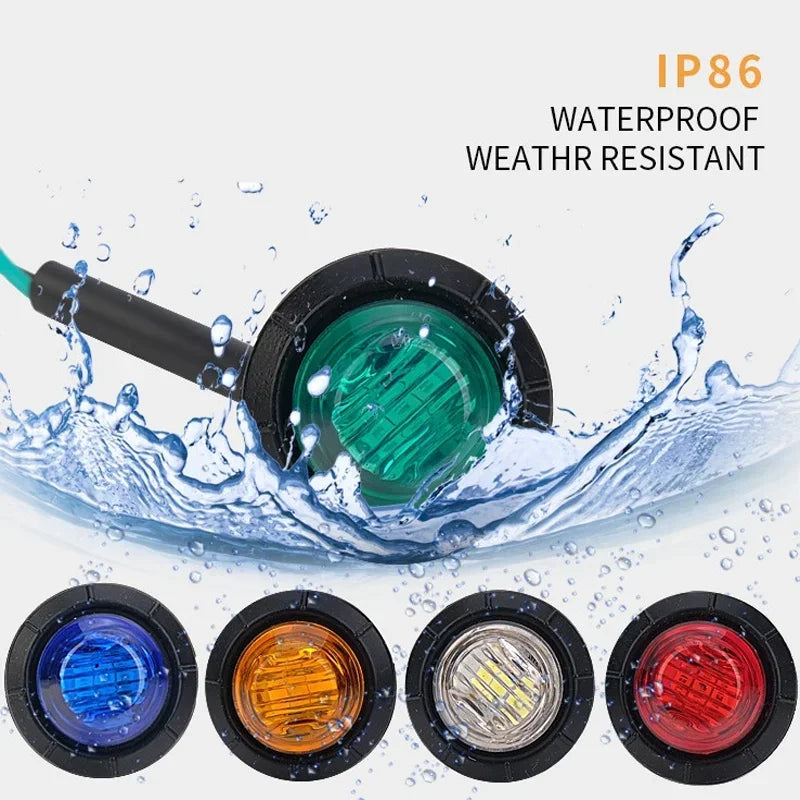 A waterproof LED side marker light assembly with various colored lenses shown being splashed by water.