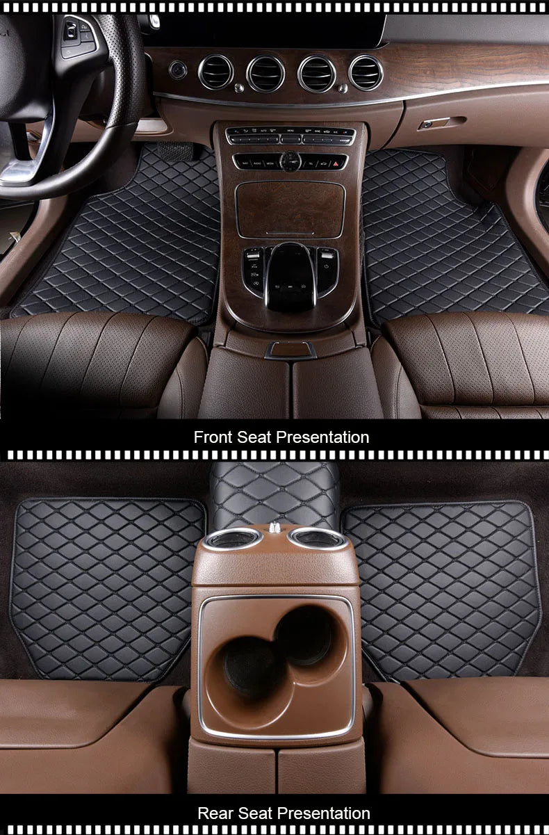 Interior view showing front and rear seat presentations of waterproof leather car floor mats.