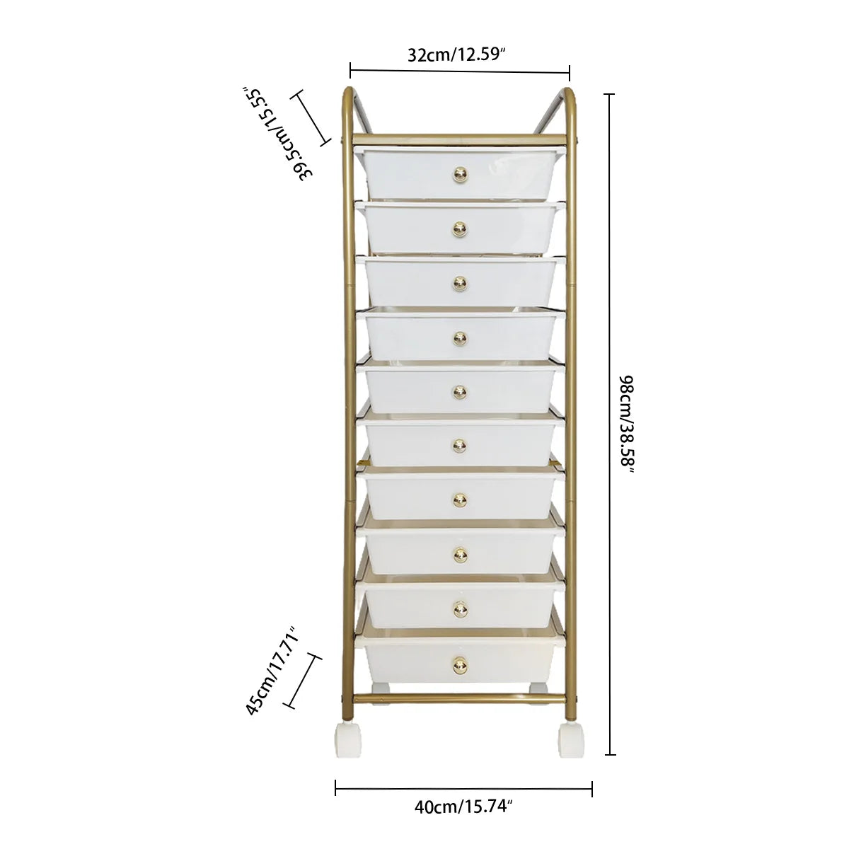 A tall, gold-framed storage cart with ten drawers for rolling organization.