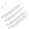 A set of four white adjustable bed sheet holder clips for securing sheets.
