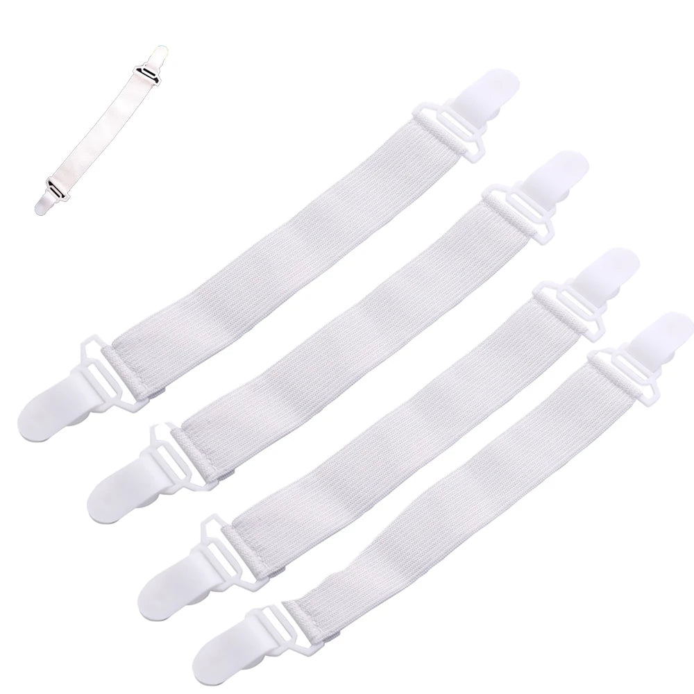 A set of four white adjustable bed sheet holder clips for securing sheets.
