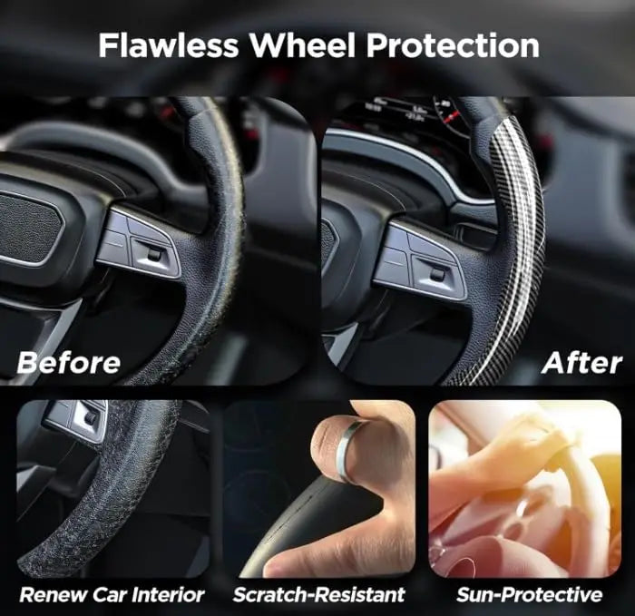 Before and after images showing flawless wheel protection, scratch-resistant, and sun-protective features of a carbon fiber p