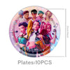 A set of 10 circular plates featuring K-pop themed characters and idols in various colorful outfits