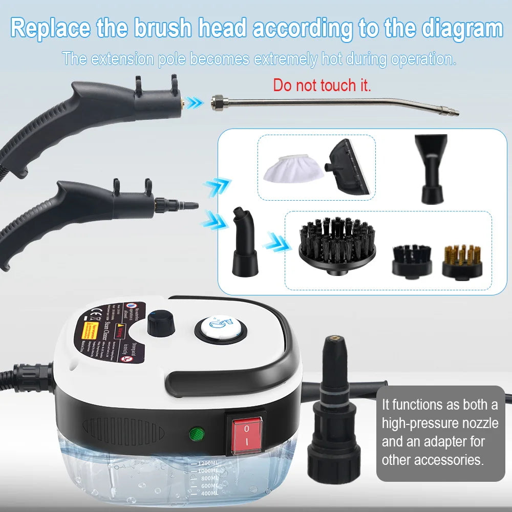 Nettoyeur à vapeur portable avec réservoir d'eau transparent et diverses têtes de brosse pour le nettoyage.