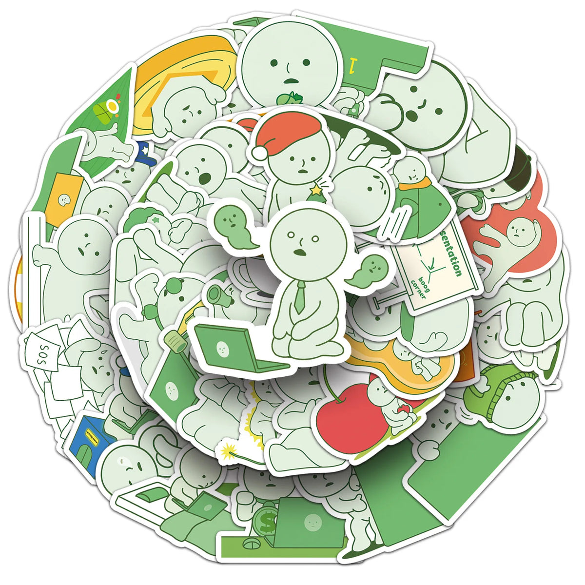 A circular arrangement of cute Smiski cartoon stickers featuring various characters and items.