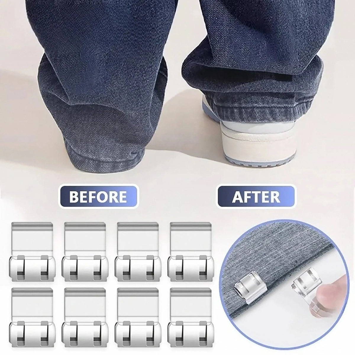 Comparaison avant/après montrant des attaches invisibles antidérapantes pour les bords du pantalon
