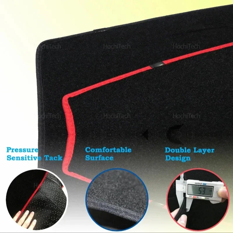 A black custom fit dashboard cover with a red stitching detail, showing a close-up of the textured surface and layered design