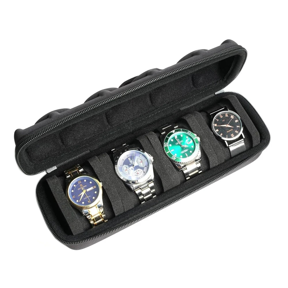 Black portable leather watch travel case with soft lining containing several wristwatches.