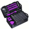 A black case containing a 115-in-1 precision screwdriver set with purple and black handles and chrome-vanadium steel bits.