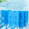 Blue reusable leak-proof ice packs surrounded by ice cubes and water.