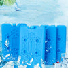 Blue reusable leak-proof ice packs surrounded by ice cubes and water.