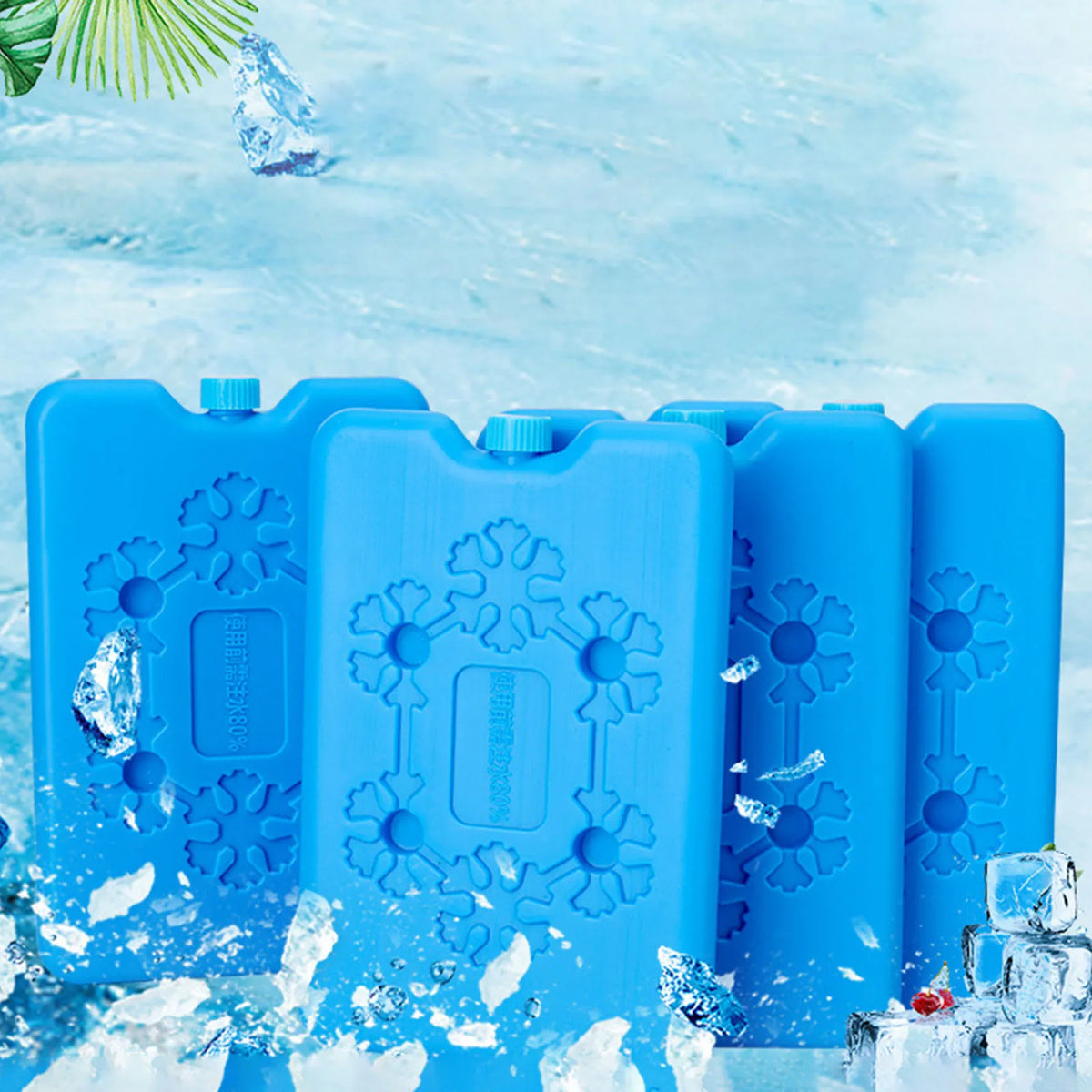 Blue reusable leak-proof ice packs surrounded by ice cubes and water.